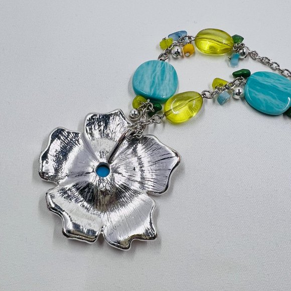 Golden Yellow & Turquoise Enameled Flower Pendant 16” Silver Toned Necklace - Picture 7 of 7